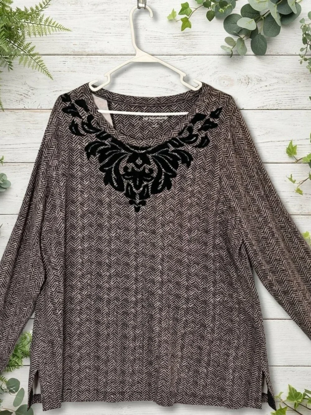 Soft Surroundings Tunic Top 2X Brown Herringbone Velvet Damask Flock 3/4 Sleeve